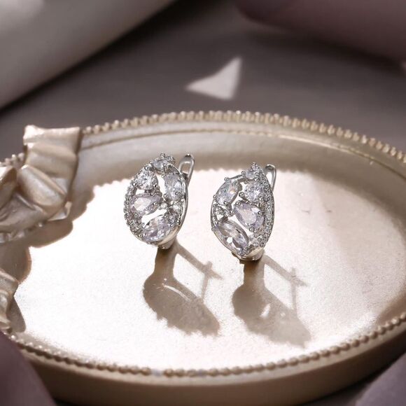 Silver with White Diamond Cubic Zirconia Post French Clip Oval Drop Earrings